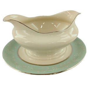 Castleton Fine China Corsage Aqua Floral Gravy Boat w/ Attached Underplate USA
